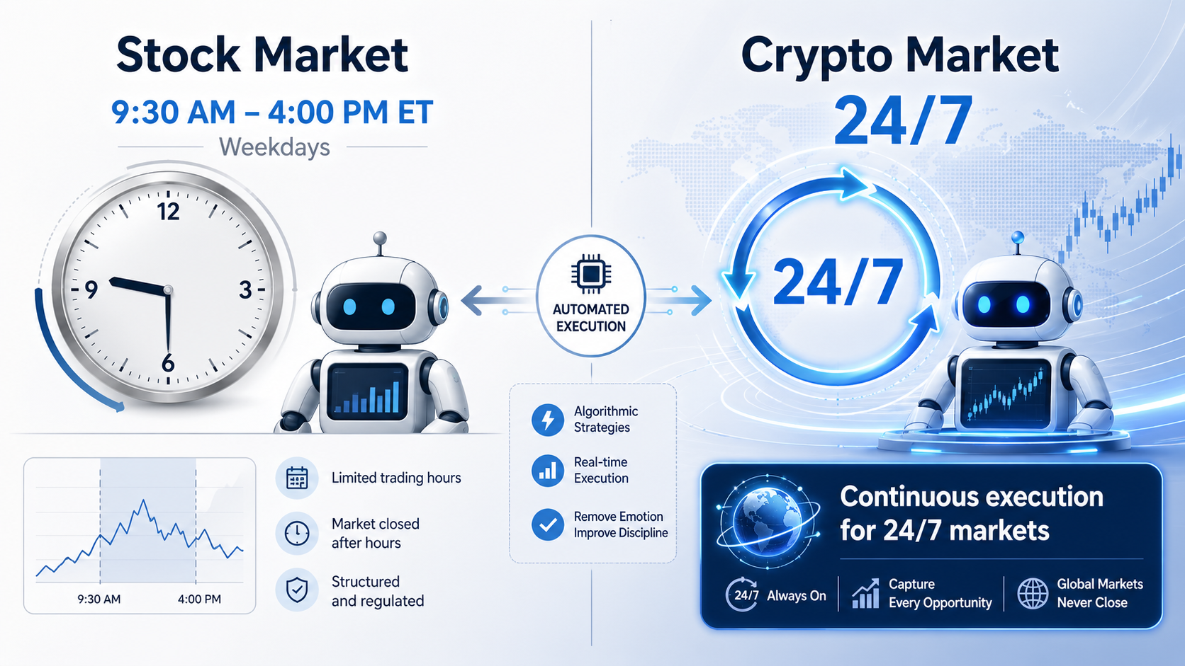 An illustration comparing market hours and trading bot activity.