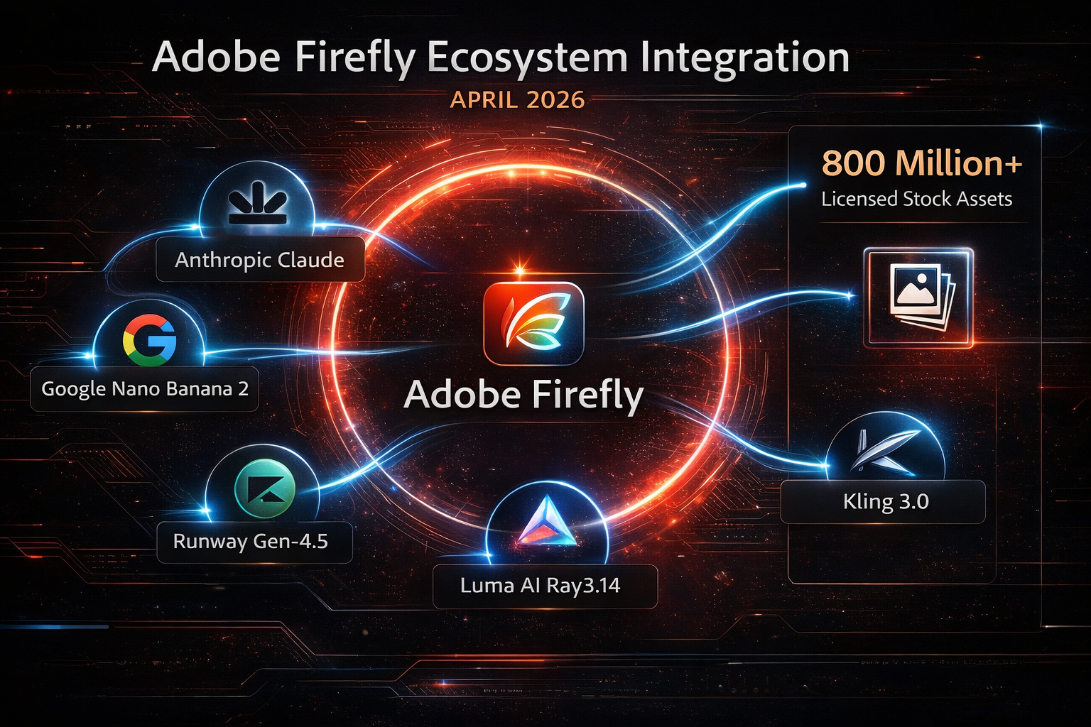 A high-resolution infographic titled Adobe Firefly Ecosystem Integration