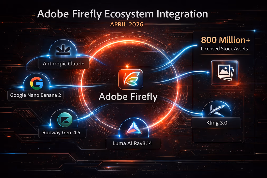 A high-resolution infographic titled Adobe Firefly Ecosystem Integration