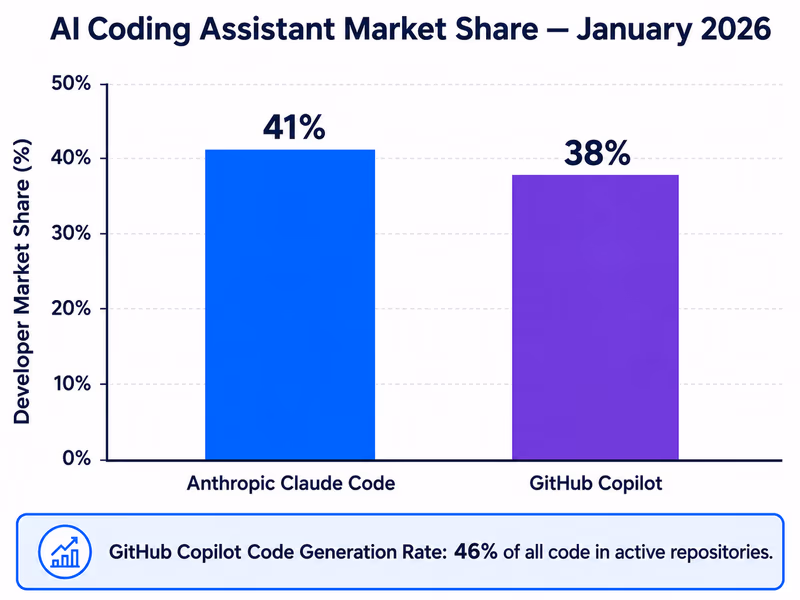 An infographic bar chart displaying AI coding assistant market share among professional developers in January 2026
