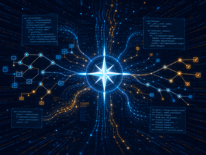An abstract illustration depicting the internal mechanics of Microsoft's 'Project Polaris' coding model.