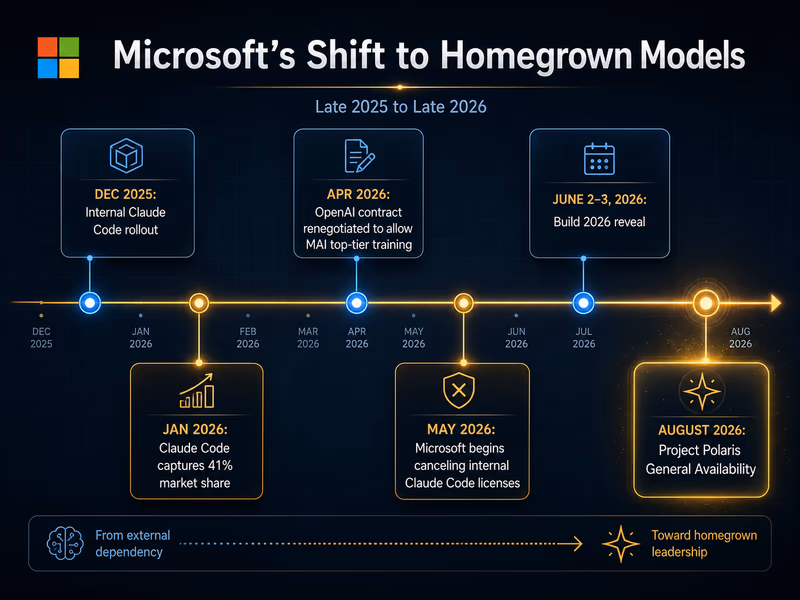 An infographic timeline charting Microsoft's shift to homegrown models, stretching from late 2025 to late 2026.