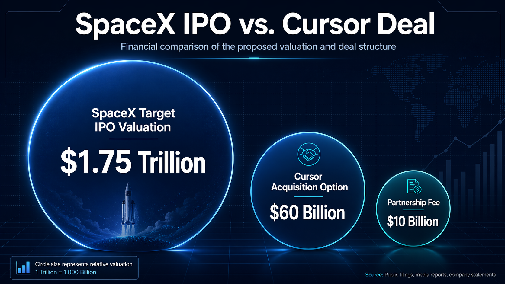 A financial comparison infographic for the SpaceX IPO and Cursor Deal.