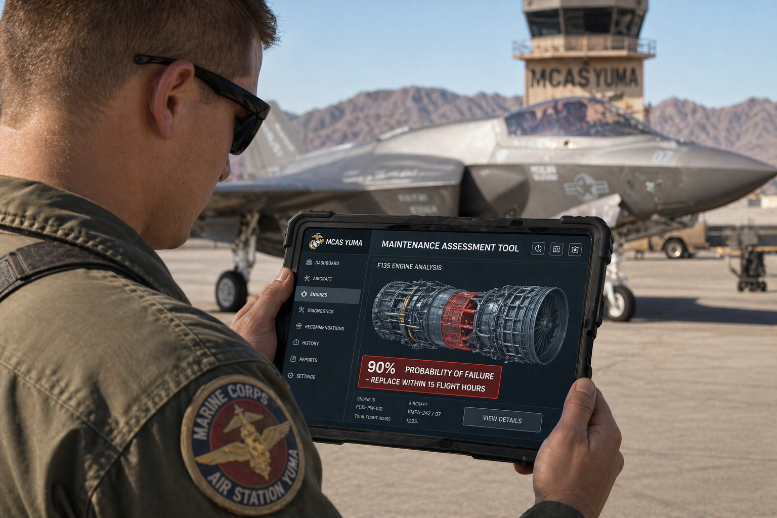 A Marine aviation technician at Marine Corps Air Station Yuma using the 'Maintenance Assessment Tool'