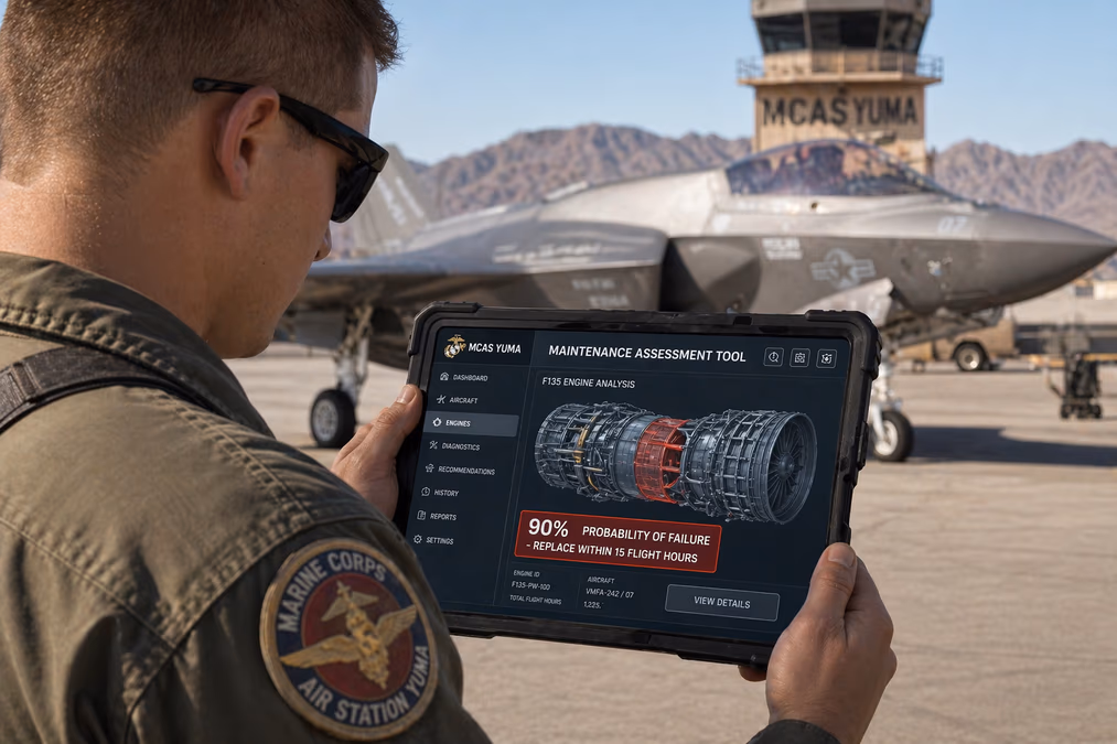 A Marine aviation technician at Marine Corps Air Station Yuma using the 'Maintenance Assessment Tool'