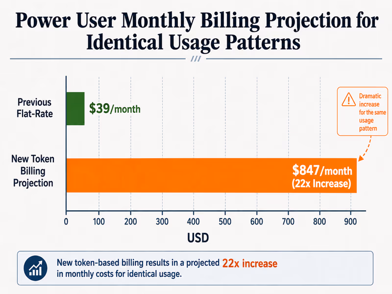 A horizontal bar chart comparing the projected monthly costs of power users under the previous flat-rate billing vs. the new token-based billing.