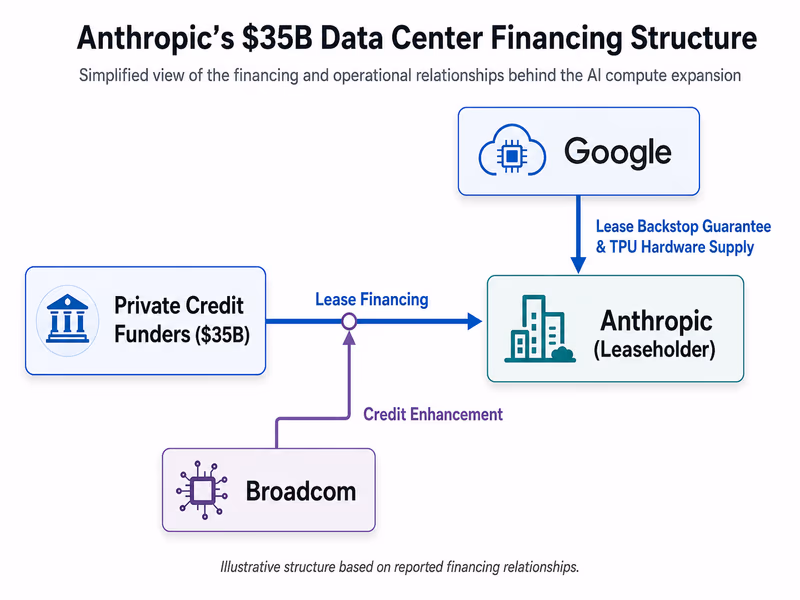 A flowchart diagram explaining Anthropic's $35 billion data center financing structure