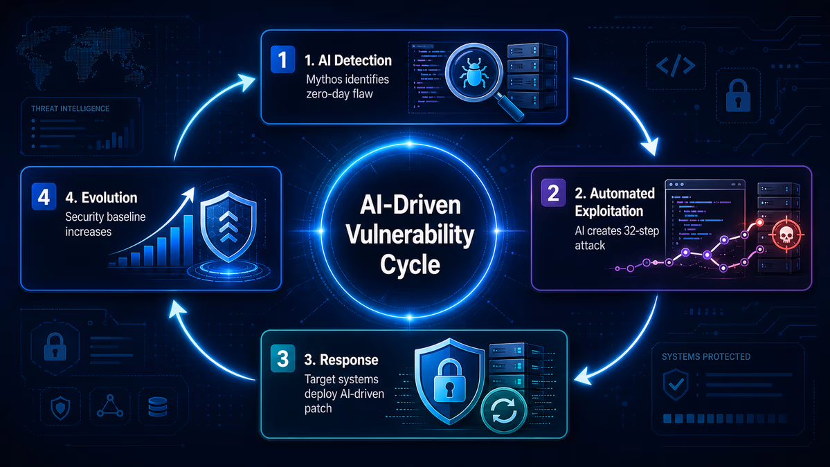 An illustration showing the 'AI-Driven Vulnerability Cycle'. A circular flow diagram with four stages: