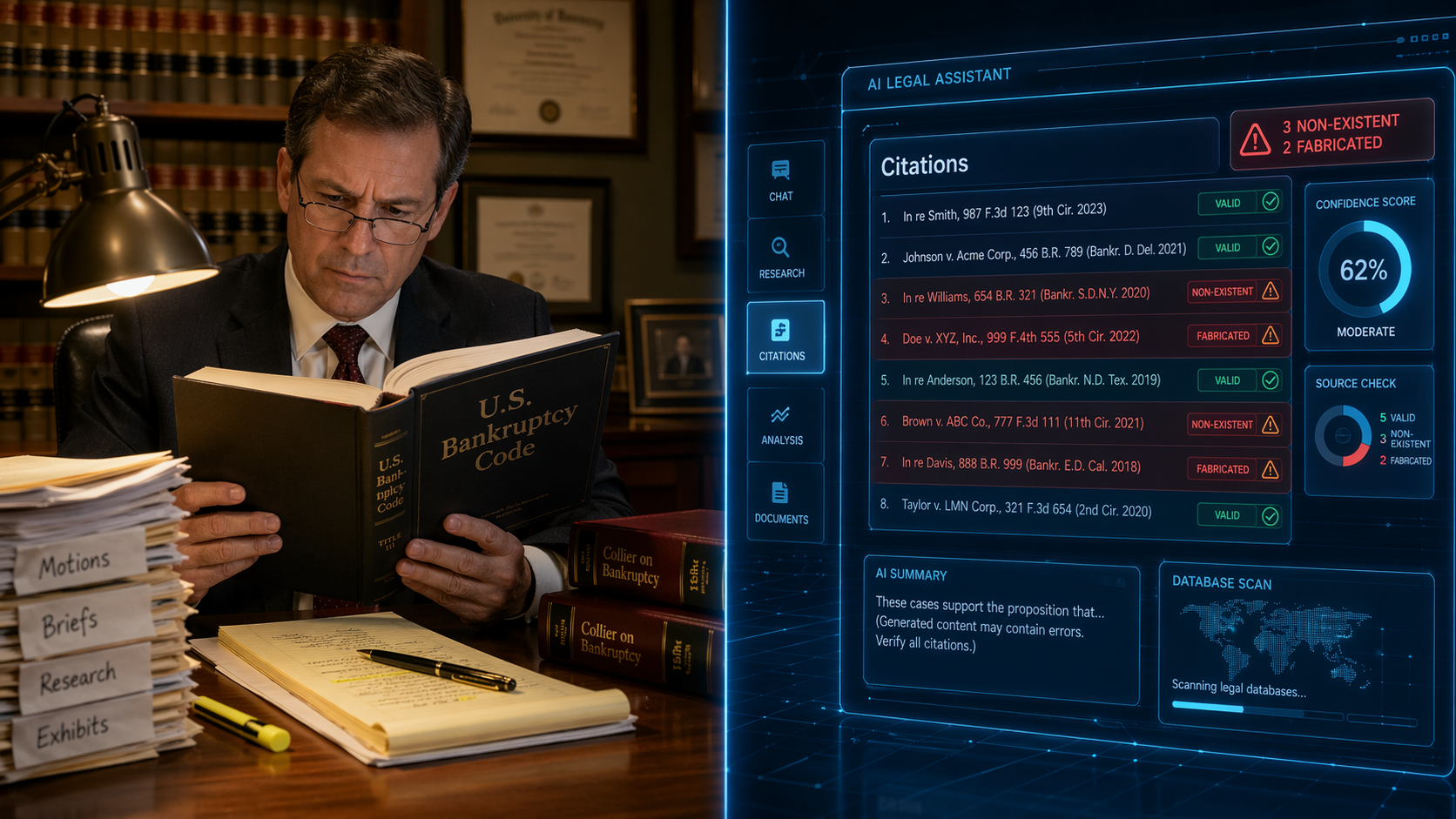 An illustration showing a split screen: on the left, a traditional lawyer meticulously checking a paper volume of the 'US Bankruptcy Code'; on the right, a futuristic AI interface generating a list of 'Citations'