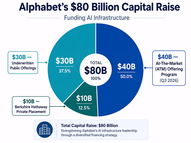An infographic pie chart illustrating Alphabet's $80 billion capital-raising strategy.