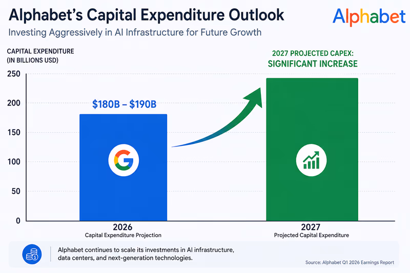 An infographic bar chart comparing Alphabet's annual capital expenditures.