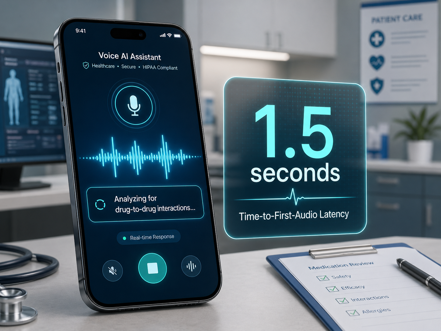 An illustration of a smartphone screen showing a real-time voice AI interaction.