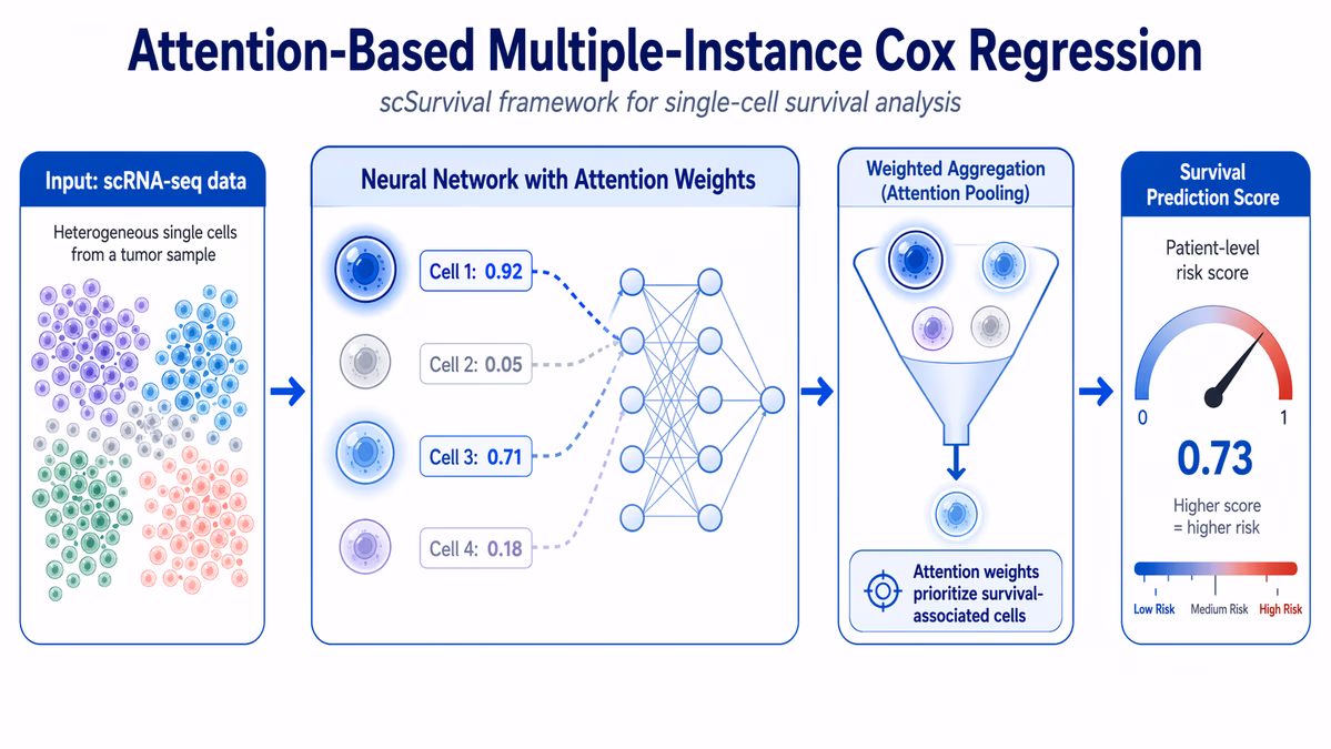 A technical diagram explaining the 'Attention-Based Multiple-Instance Cox Regression' framework