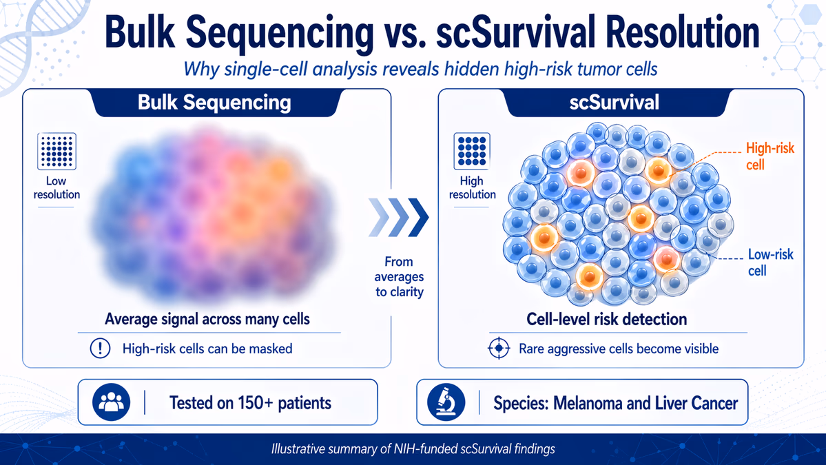 A comparison infographic titled 'Bulk Sequencing vs. scSurvival Resolution'