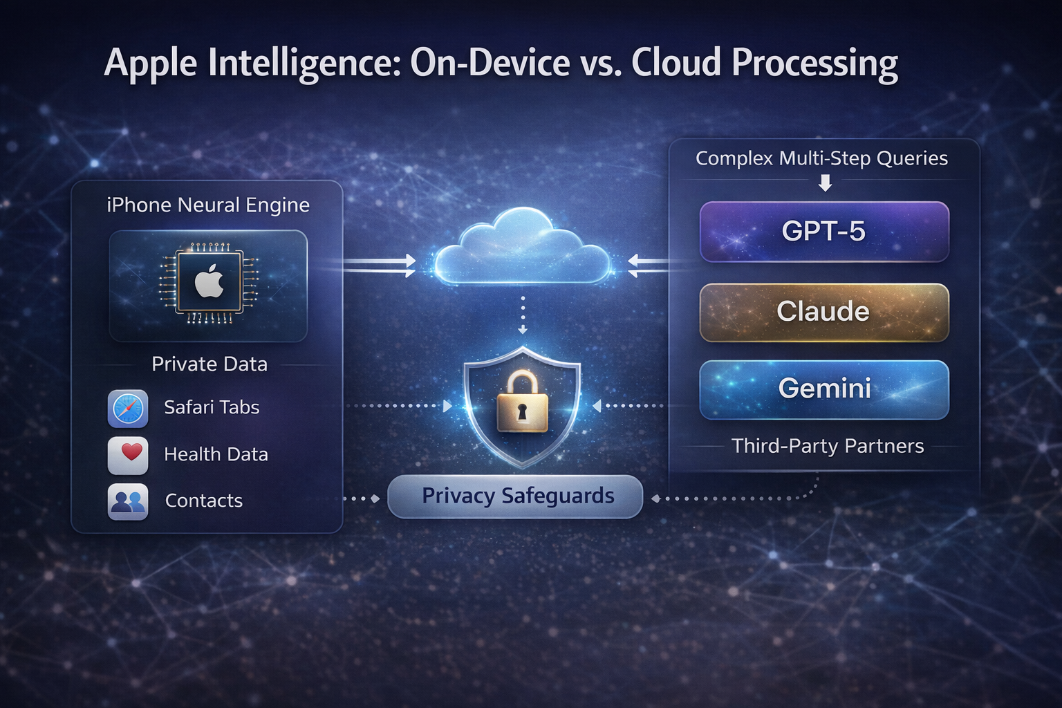 A technical diagram explaining the 'Apple Intelligence' on-device vs. cloud processing flow.