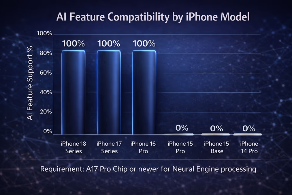 An infographic bar chart comparing AI feature compatibility across iPhone models.