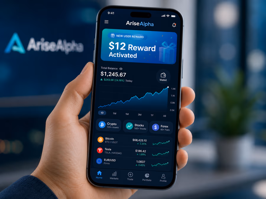 An illustration of the AriseAlpha mobile app interface on a smartphone.