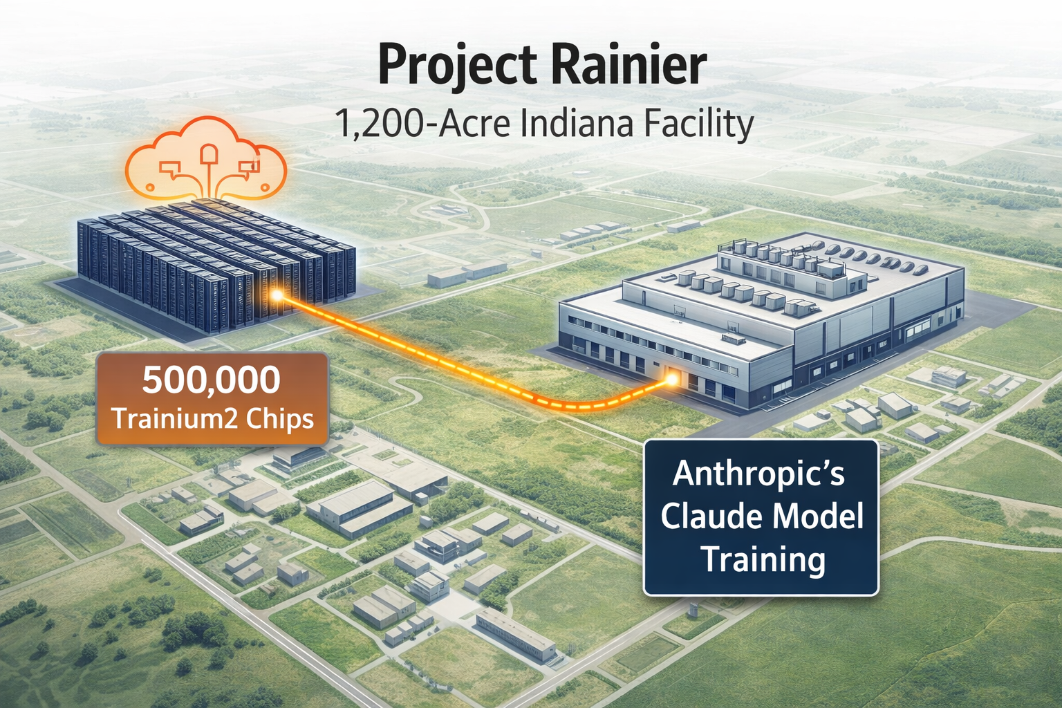  high-level diagram of 'Project Rainier'. A map-style illustration of a 1,200-acre facility in Indiana. 