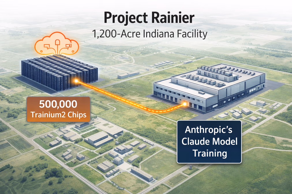 high-level diagram of 'Project Rainier'. A map-style illustration of a 1,200-acre facility in Indiana.