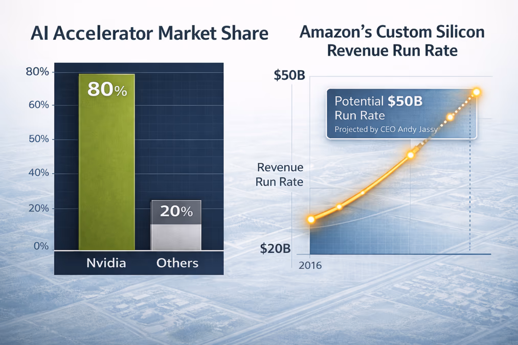 A comparison bar chart showing 'AI Accelerator Market Share'. One large bar for Nvidia at 80% and a smaller section for 'Others' at 20%