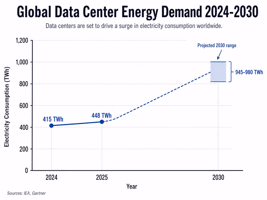 An infographic showing the projected growth of global data center electricity consumption.