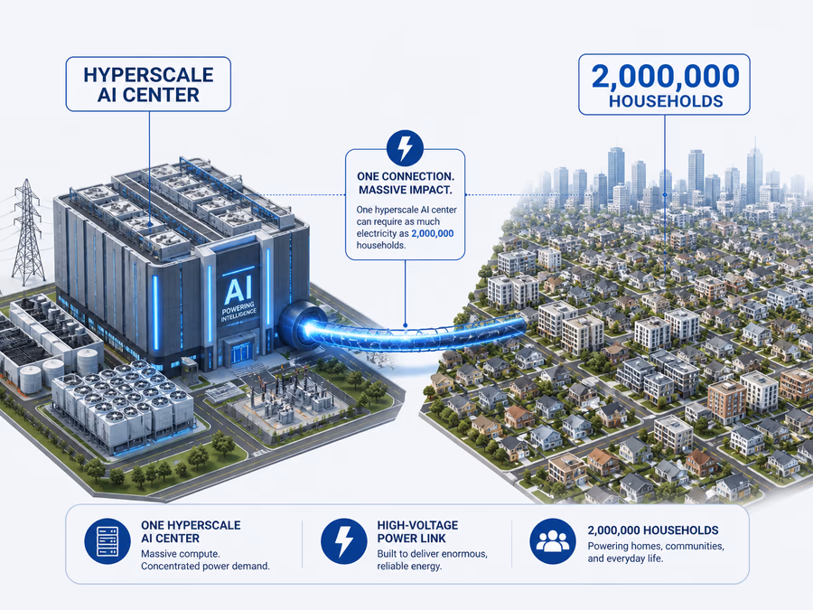 An illustration showing the scale of a single large AI data center's energy use compared to a city.