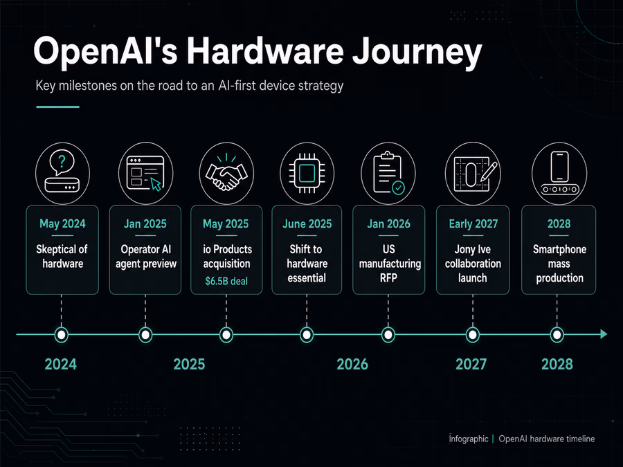 An infographic timeline of OpenAI's hardware journey.