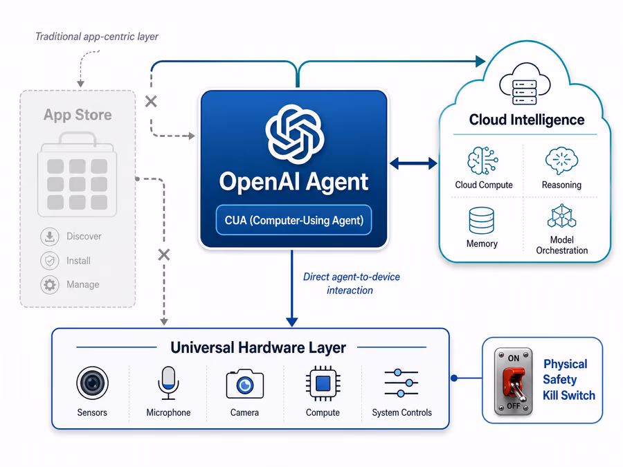 A technical diagram showing the 'Agent-Centric OS' architecture.