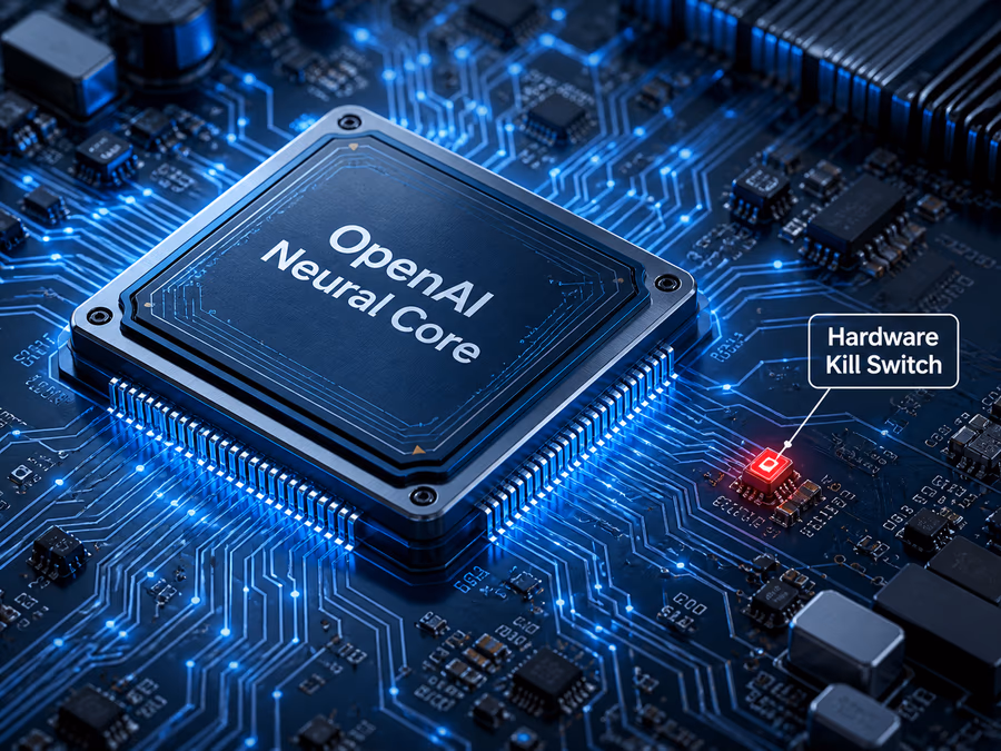 An illustration of a custom AI processor chip labeled 'OpenAI Neural Core' on a motherboard