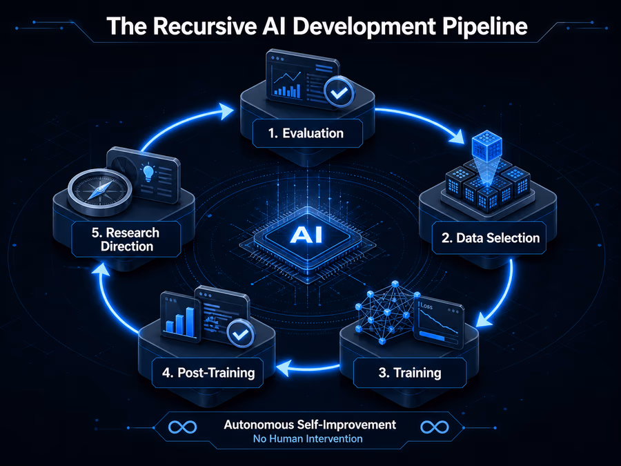 A technical diagram titled 'The Recursive AI Development Pipeline'.