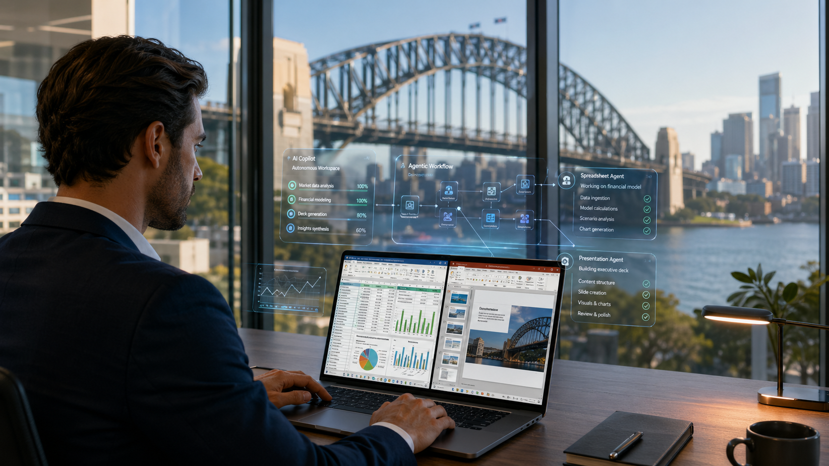 A photorealistic illustration of a modern Australian workspace in Sydney with the Harbour Bridge visible through the window