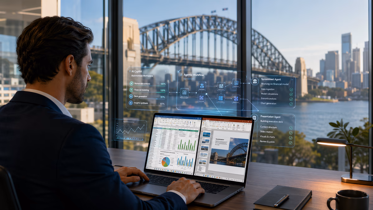 A photorealistic illustration of a modern Australian workspace in Sydney with the Harbour Bridge visible through the window