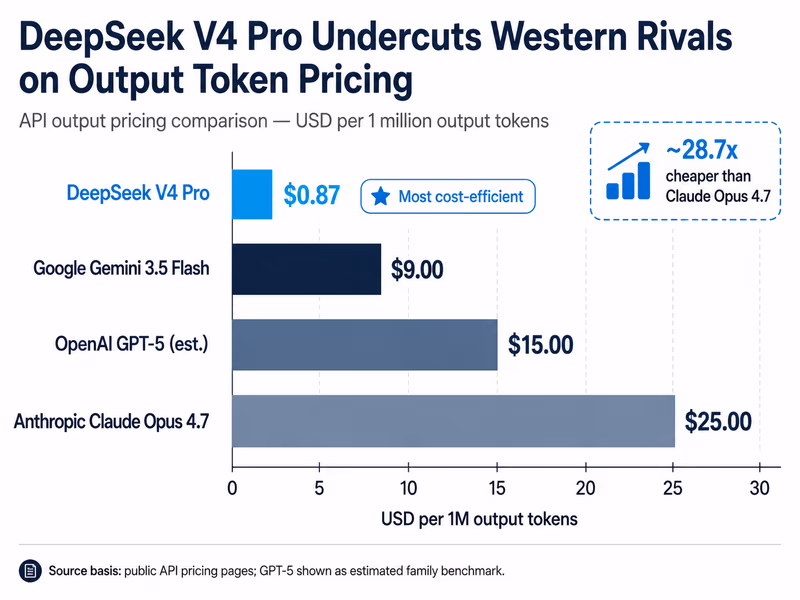 An infographic showing the pricing comparison between DeepSeek V4 Pro at $0.87 per million output tokens versus the estimated pricing of rival Western models including OpenAI GPT-5, Anthropic Claude Opus 4.7, and Google Gemini 3.5 Flash