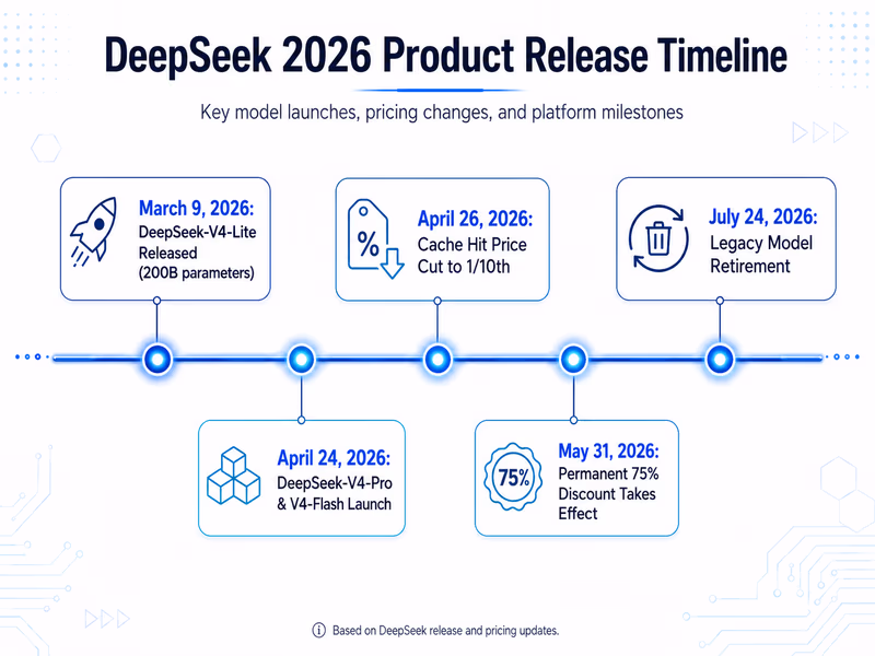 A timeline diagram of DeepSeek's 2026 product releases.