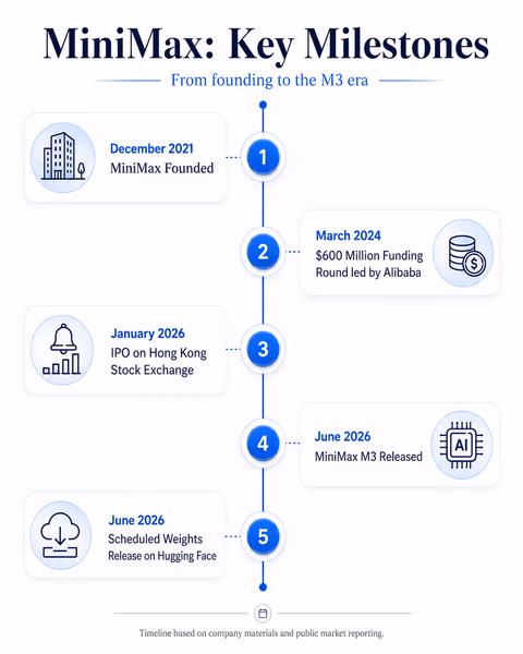 A vertical timeline infographic showing the key milestones of MiniMax.