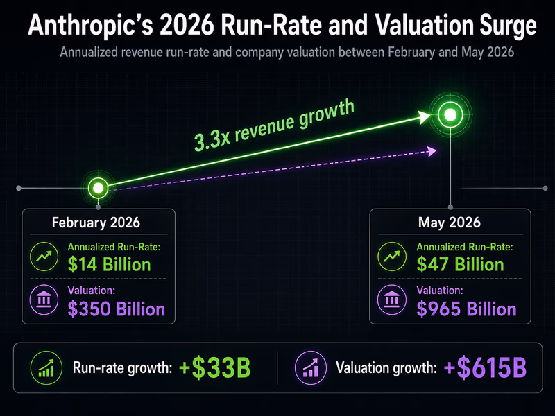 An infographic comparing Anthropic's valuation and revenue run-rate growth in 2026.
