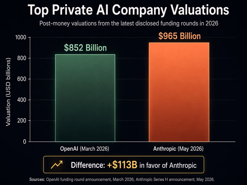 A sleek comparison bar chart comparing the valuations of the top two private AI companies