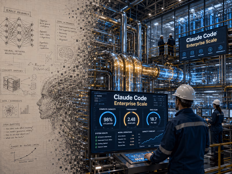 A conceptual illustration depicting the transition of AI from a venture-funded research project to an industrial utility.