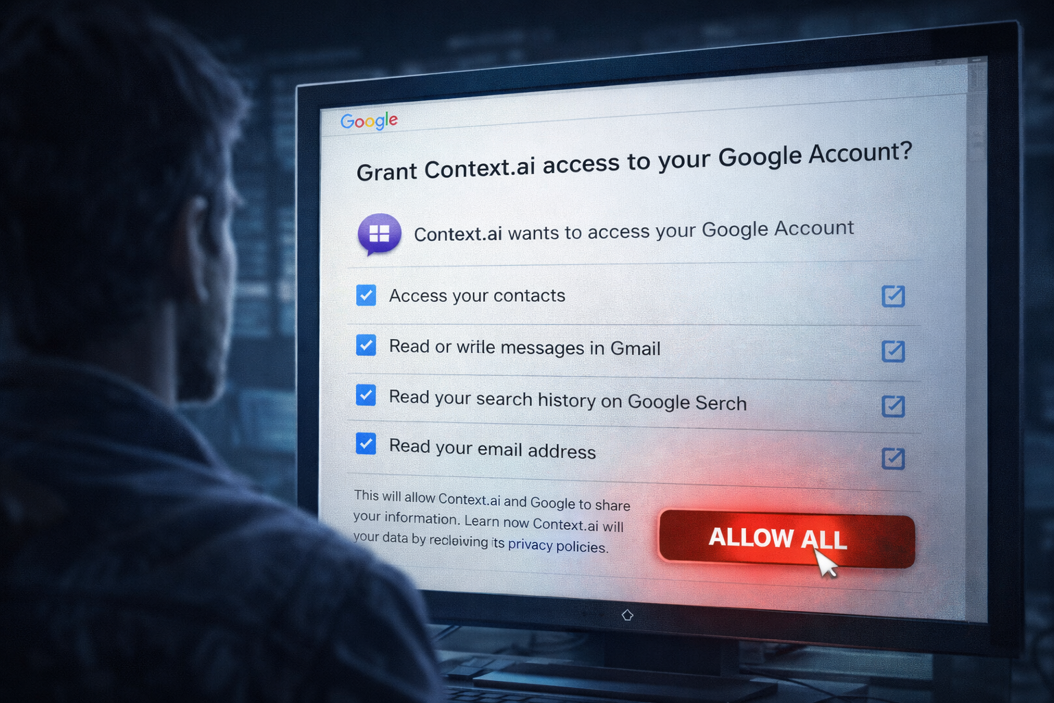 A close-up, high-detail illustration of a computer screen showing a Google Workspace OAuth permission request