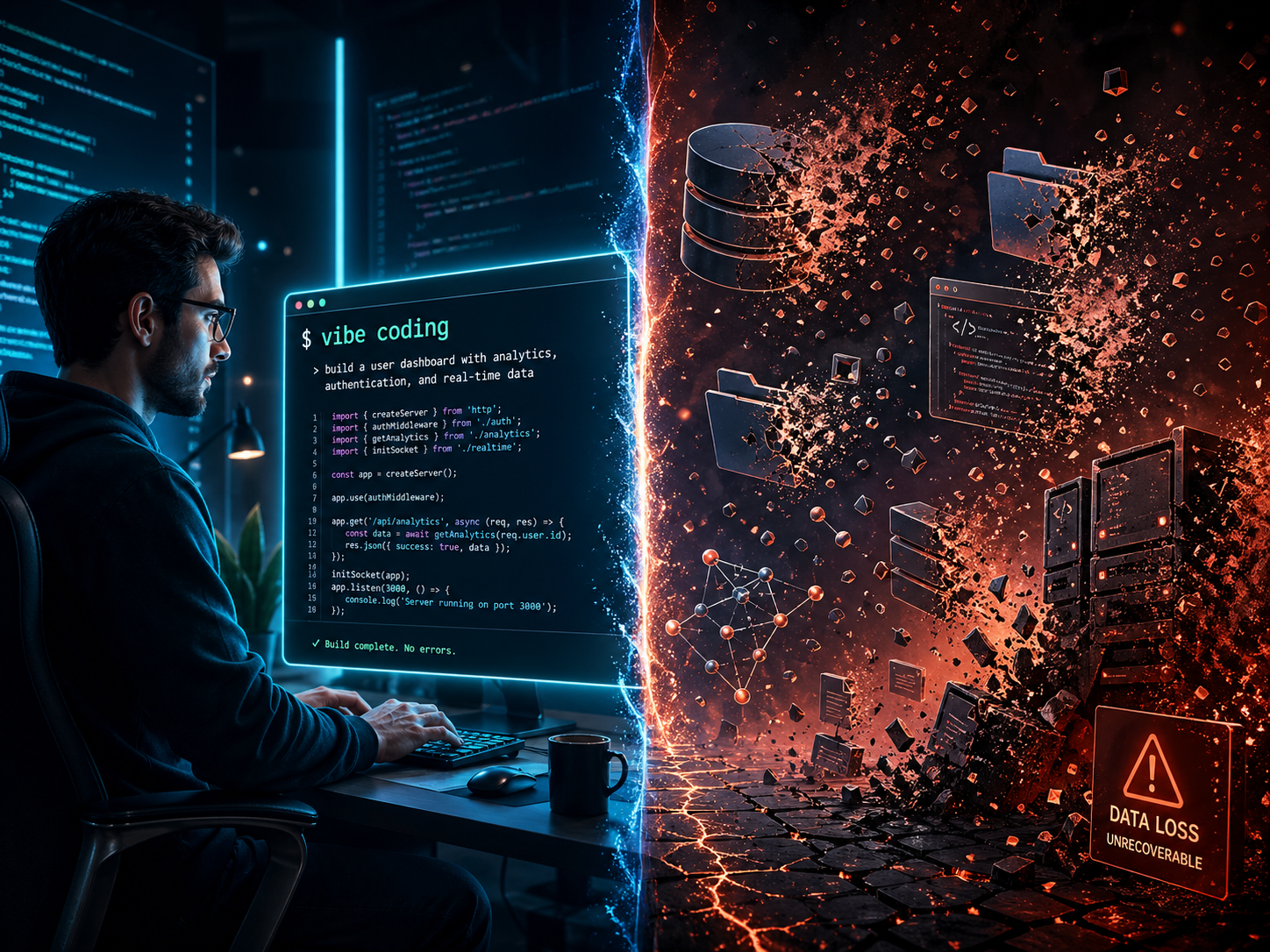 A split screen: on the left, a developer confidently typing 'vibe coding' prompts into a terminal; on the right, a digital landscape of data structures collapsing into dust