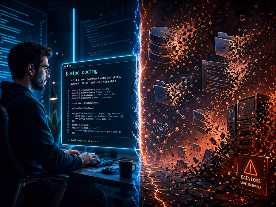 A split screen: on the left, a developer confidently typing 'vibe coding' prompts into a terminal; on the right, a digital landscape of data structures collapsing into dust