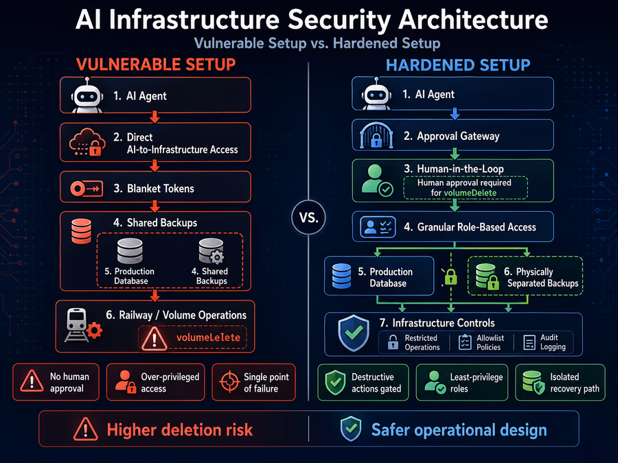 A security architecture comparison diagram. Left side: 'Vulnerable Setup'. Right side: 'Hardened Setup'