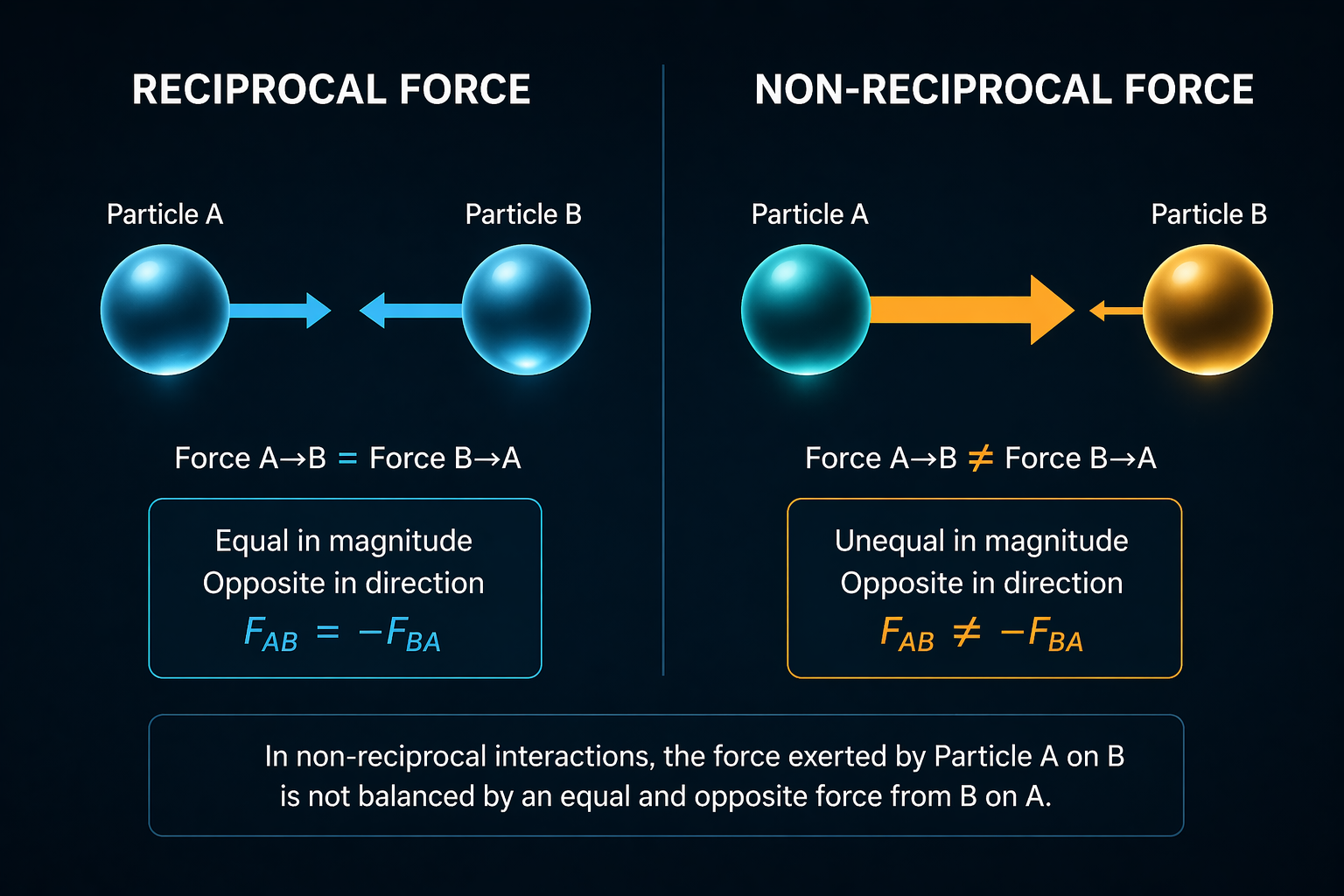 A technical diagram explaining non-reciprocal forces.