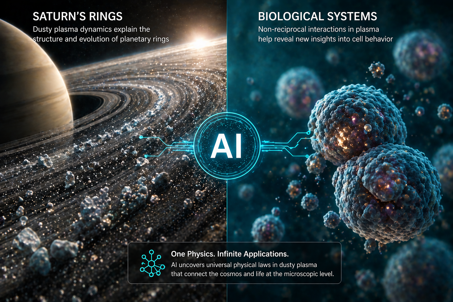 A split-view illustration showing the real-world applications of dusty plasma research.