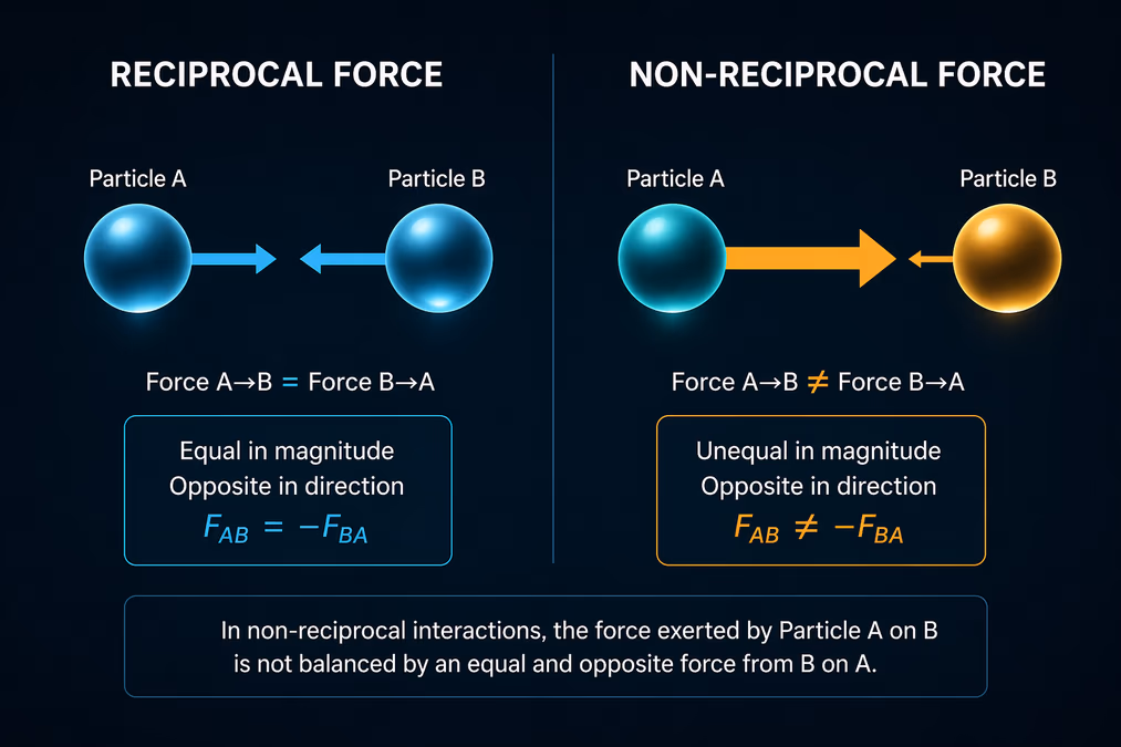 A technical diagram explaining non-reciprocal forces.