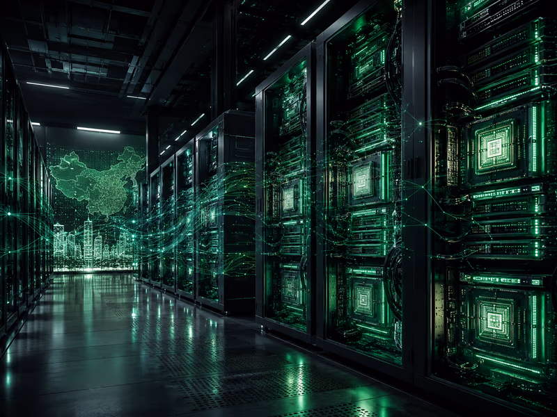 A server rack room filled with processing units glowing with a distinct green light, representing the Huawei Ascend 950PR chips.