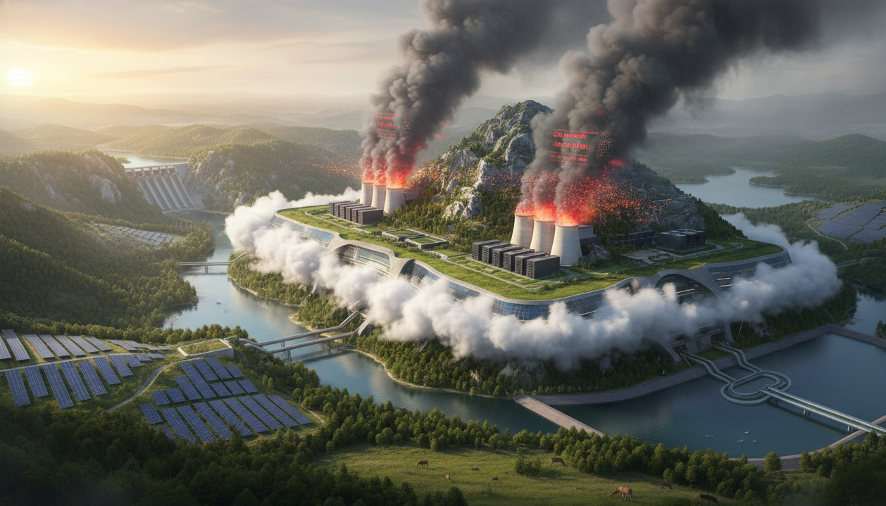 A massive data center with high water usage and CO2 emissions.