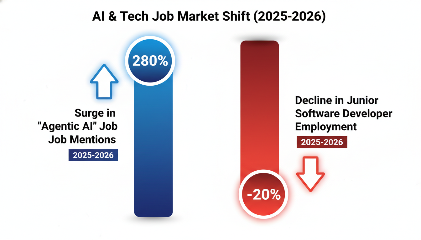 A chart showing the 280% surge in 'Agentic AI' job mentions contrasted against the 20% decline in junior software developer employment.