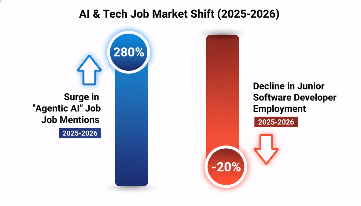 A chart showing the 280% surge in 'Agentic AI' job mentions contrasted against the 20% decline in junior software developer employment.