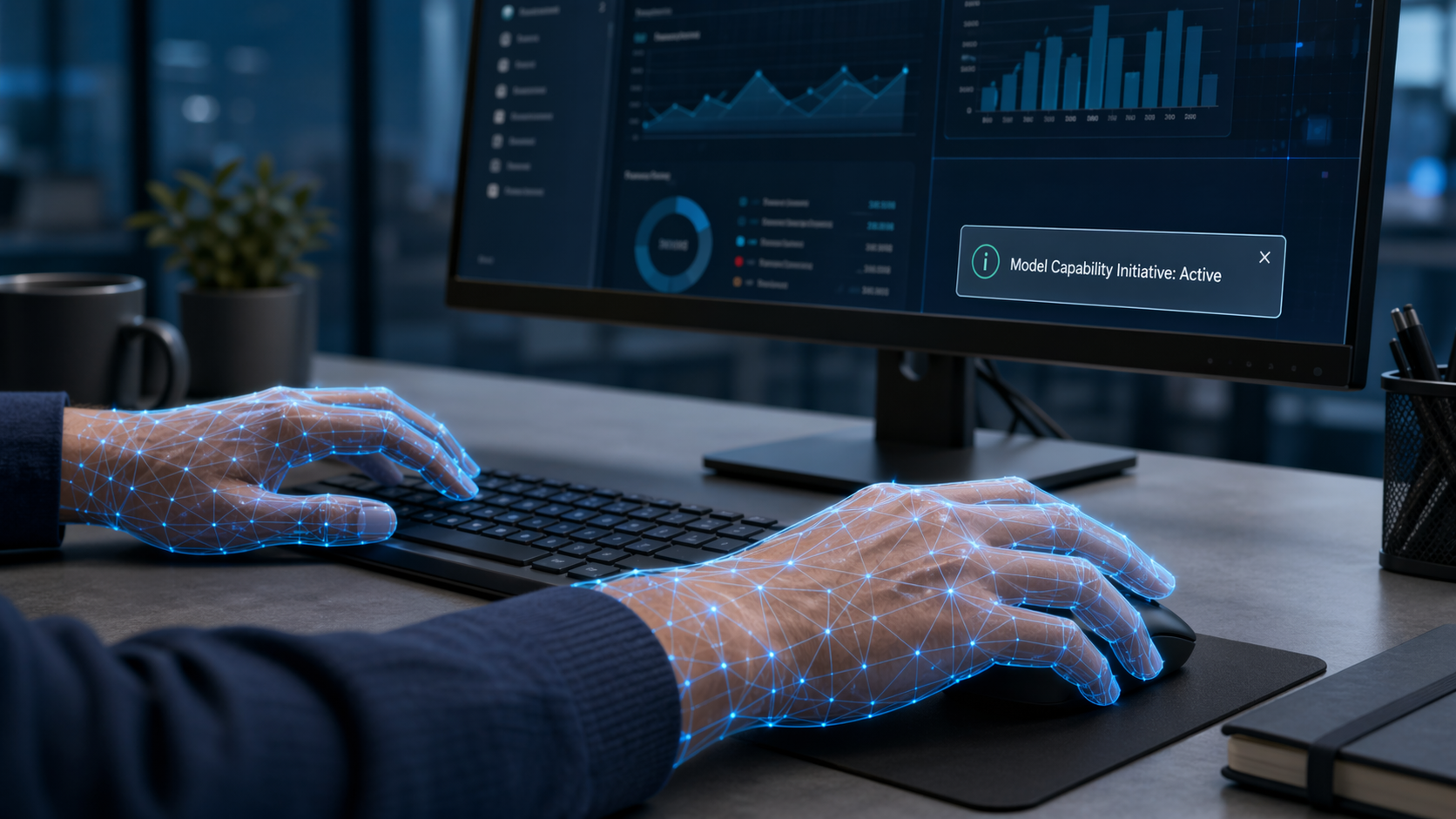 An illustration of an employee's hands on a keyboard and mouse.